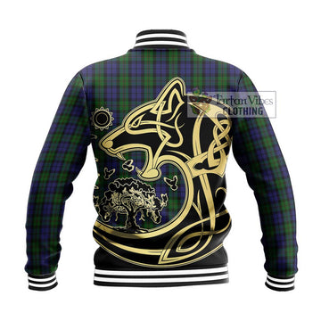 Dundas Tartan Baseball Jacket with Family Crest Celtic Wolf Style