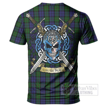 Dundas Tartan T-Shirt with Family Crest Celtic Skull Style