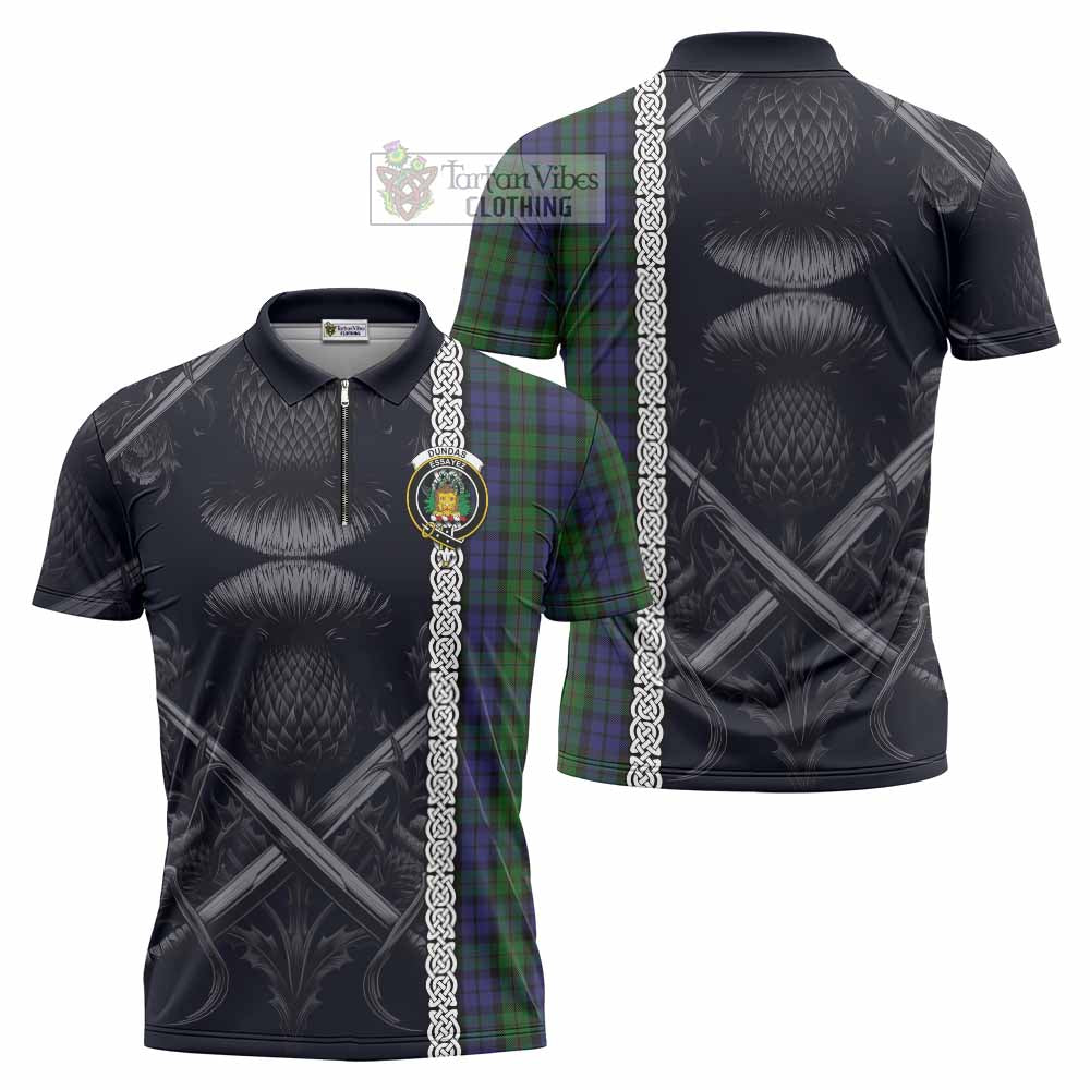 Tartan Vibes Clothing Dundas Tartan Zipper Polo Shirt with Family Crest Cross Sword Thistle Celtic Vibes