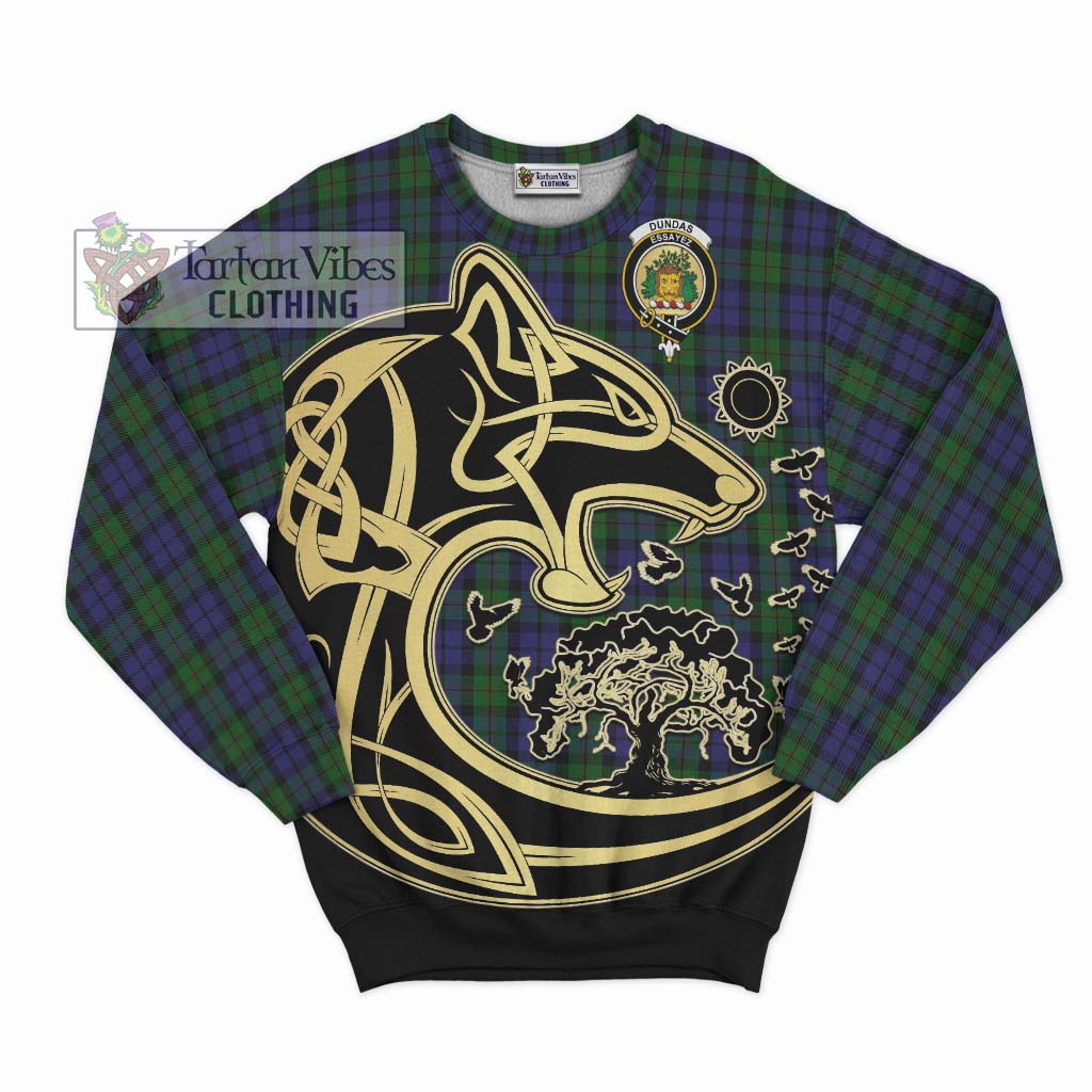 Tartan Vibes Clothing Dundas Tartan Sweatshirt with Family Crest Celtic Wolf Style