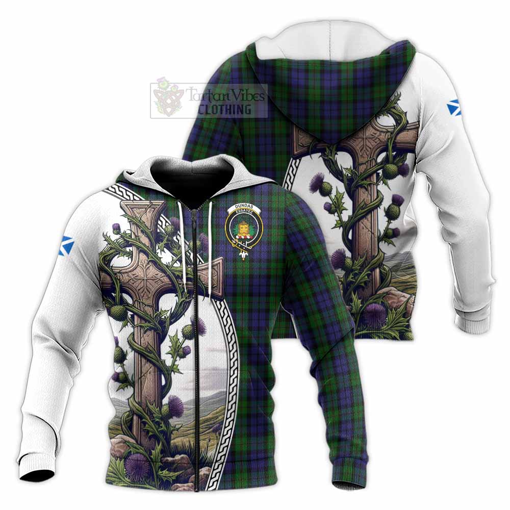 Tartan Vibes Clothing Dundas Tartan Knitted Hoodie with Family Crest and St. Andrew's Cross Accented by Thistle Vines