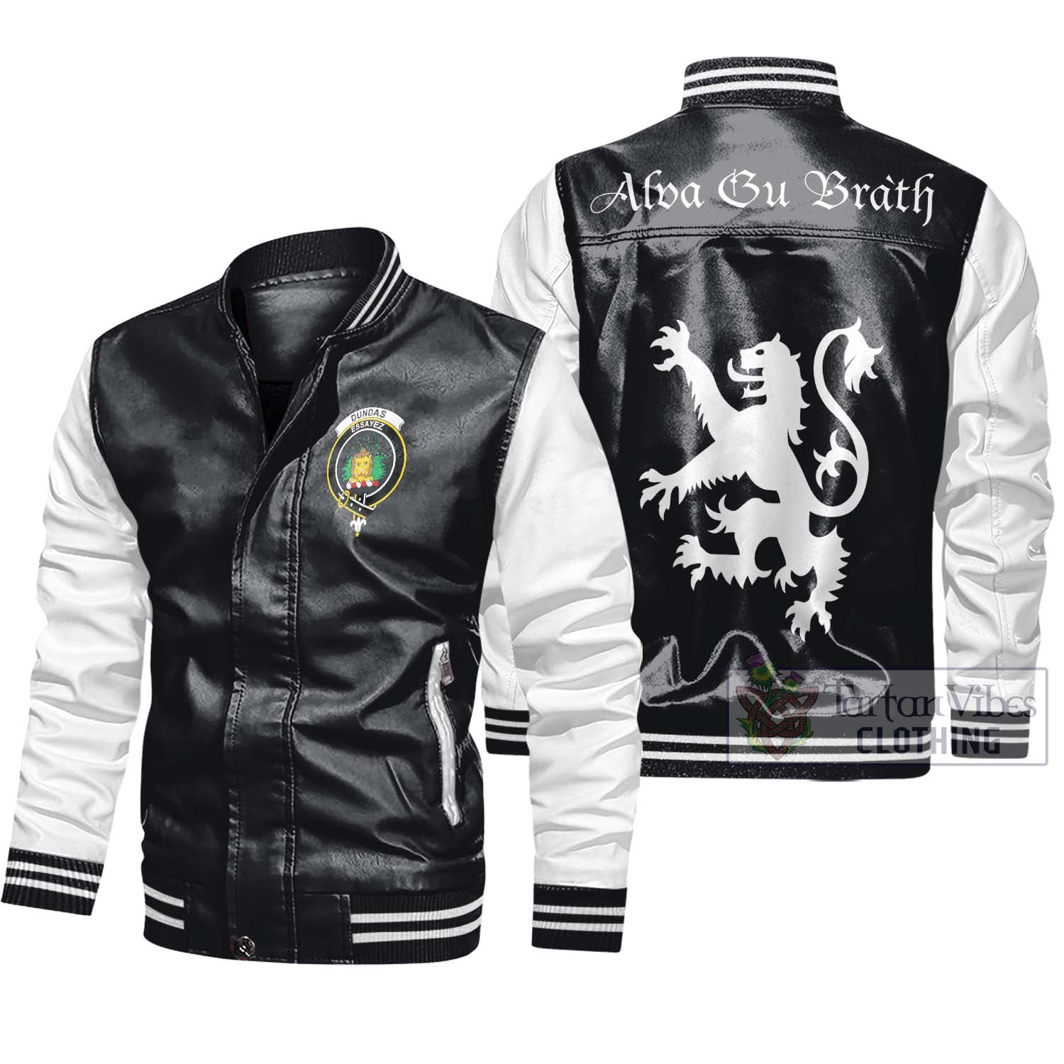 Tartan Vibes Clothing Dundas Family Crest Leather Bomber Jacket Lion Rampant Alba Gu Brath Style