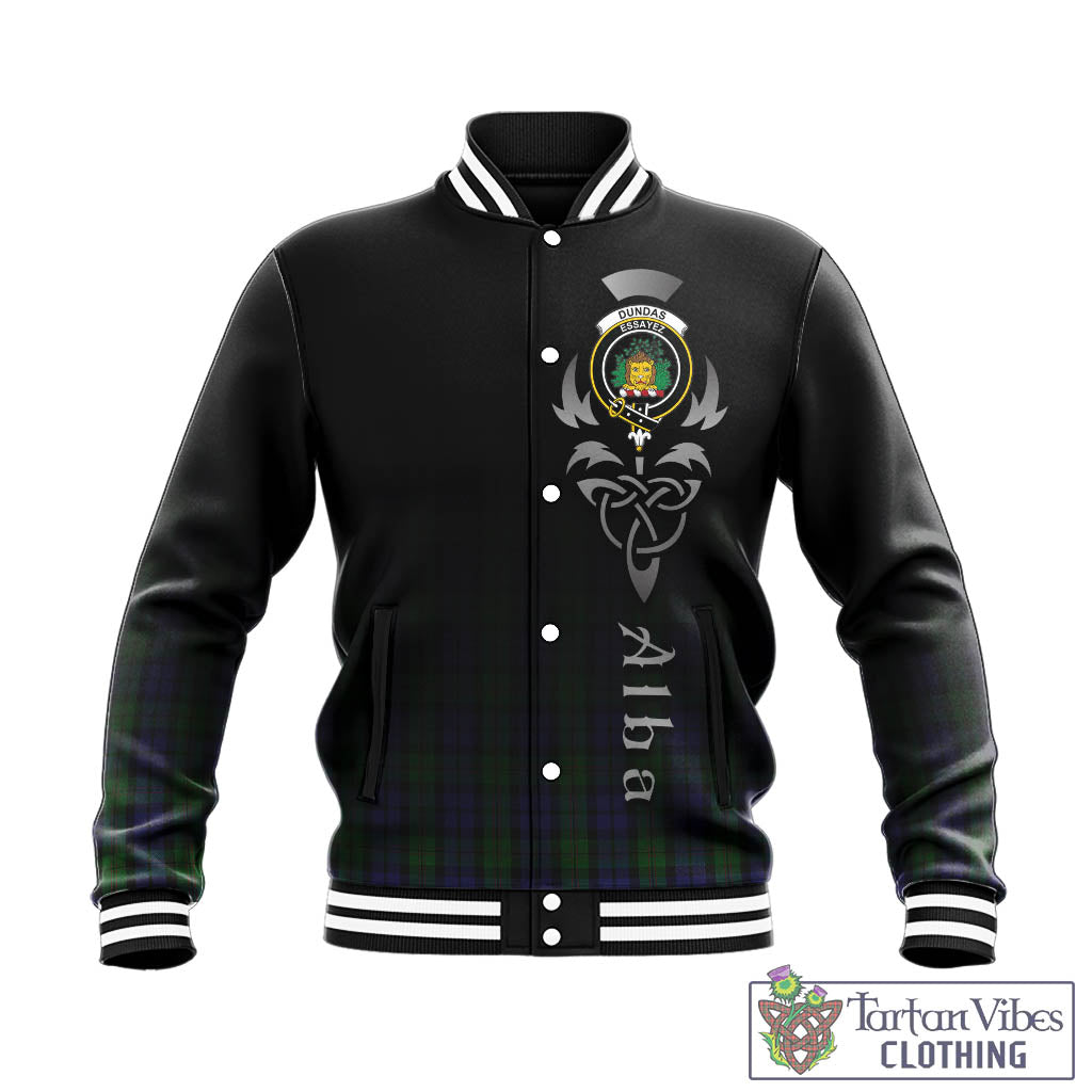 Tartan Vibes Clothing Dundas Tartan Baseball Jacket Featuring Alba Gu Brath Family Crest Celtic Inspired