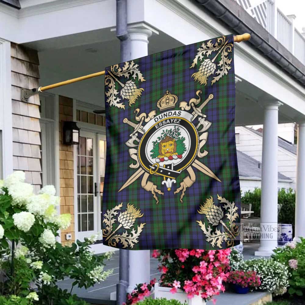 Tartan Vibes Clothing Dundas Tartan Flag with Family Crest and Golden Thistle Crossed Sword Design