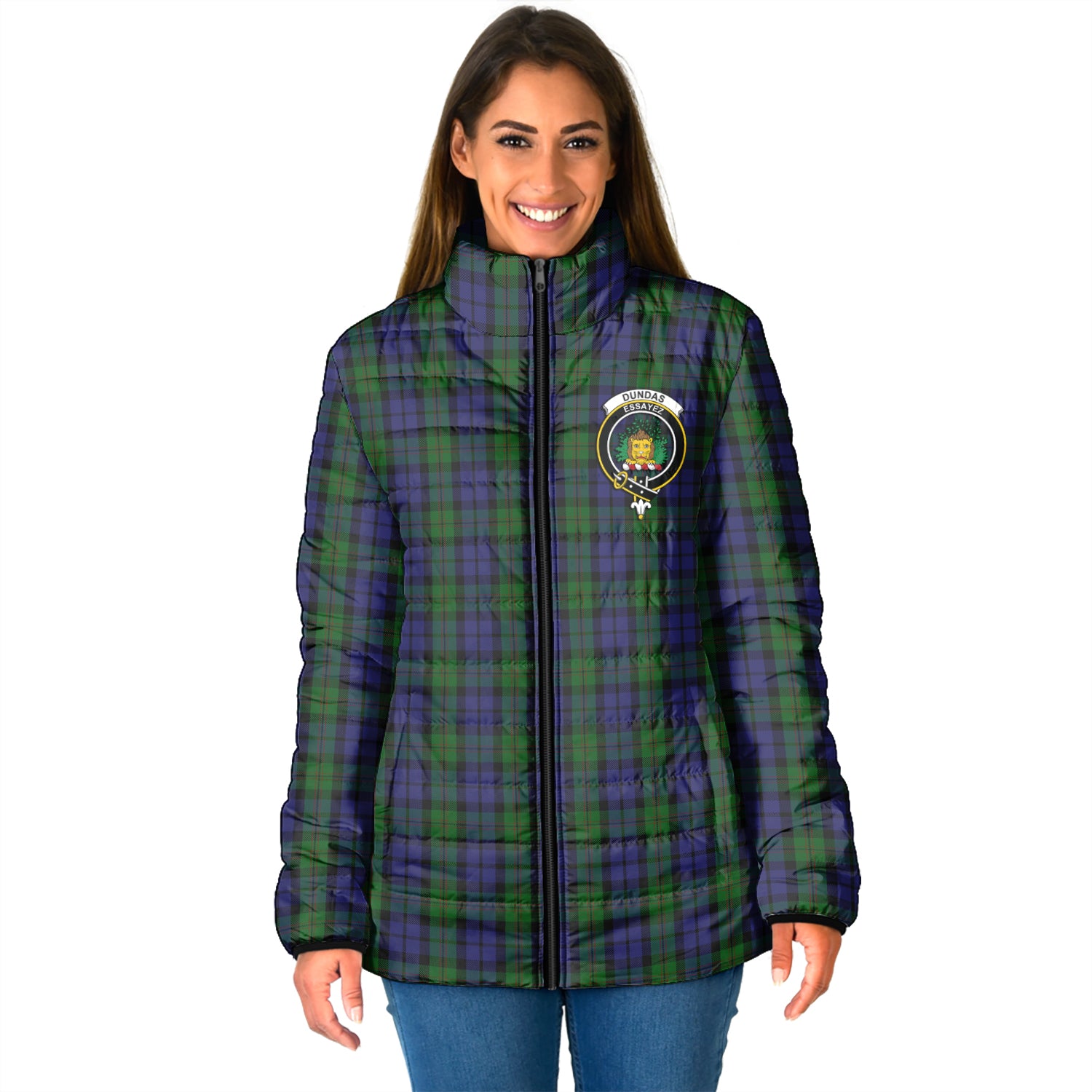 Dundas Tartan Padded Jacket with Family Crest - Tartanvibesclothing