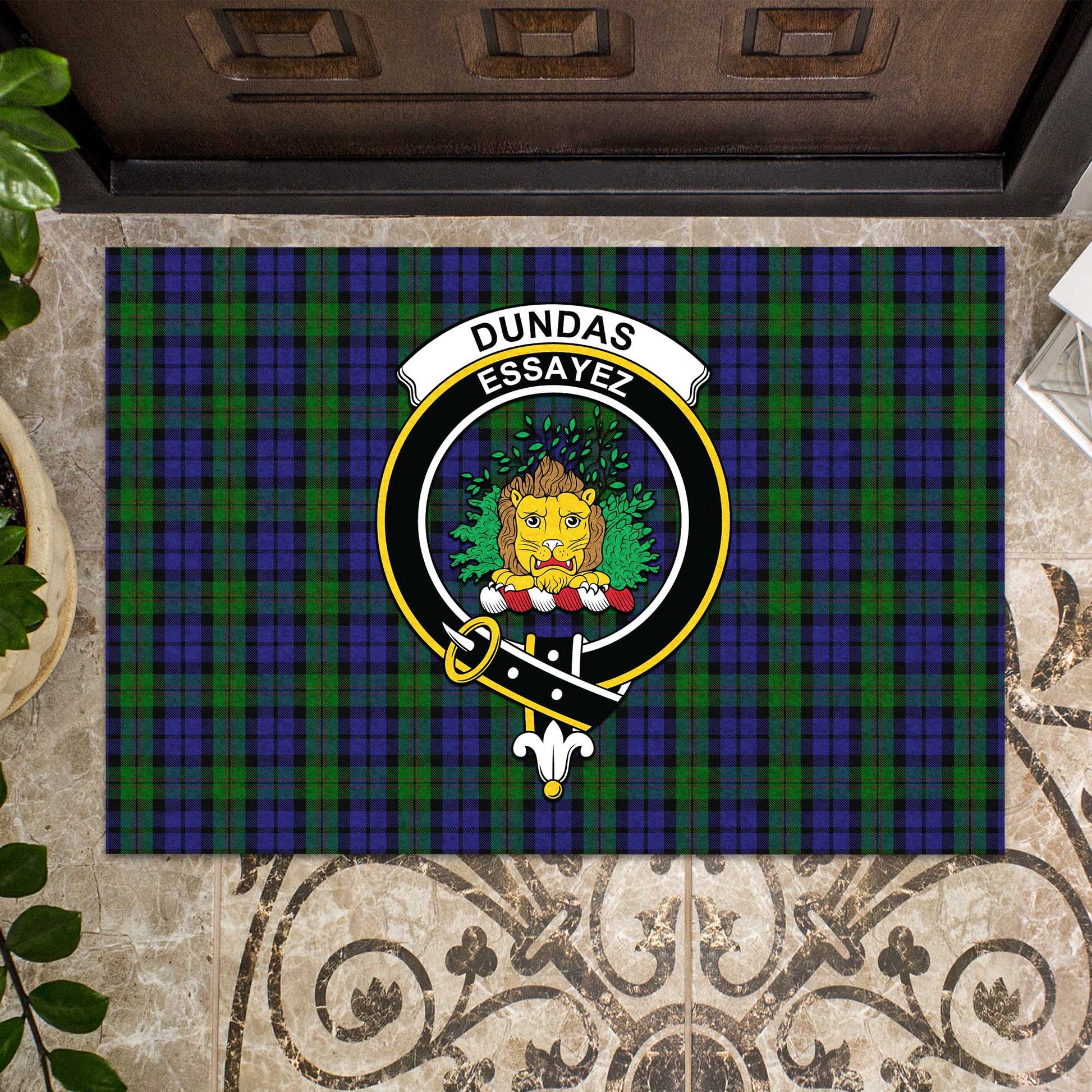 Dundas Tartan Door Mat with Family Crest - Tartanvibesclothing