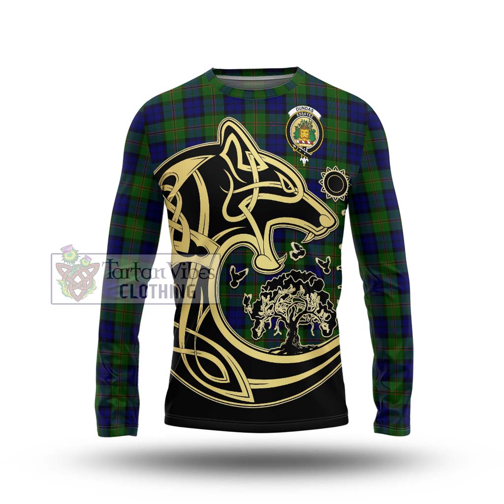 Tartan Vibes Clothing Dundas Modern Tartan Long Sleeve T-Shirt with Family Crest Celtic Wolf Style