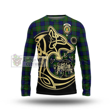 Dundas Modern Tartan Long Sleeve T-Shirt with Family Crest Celtic Wolf Style
