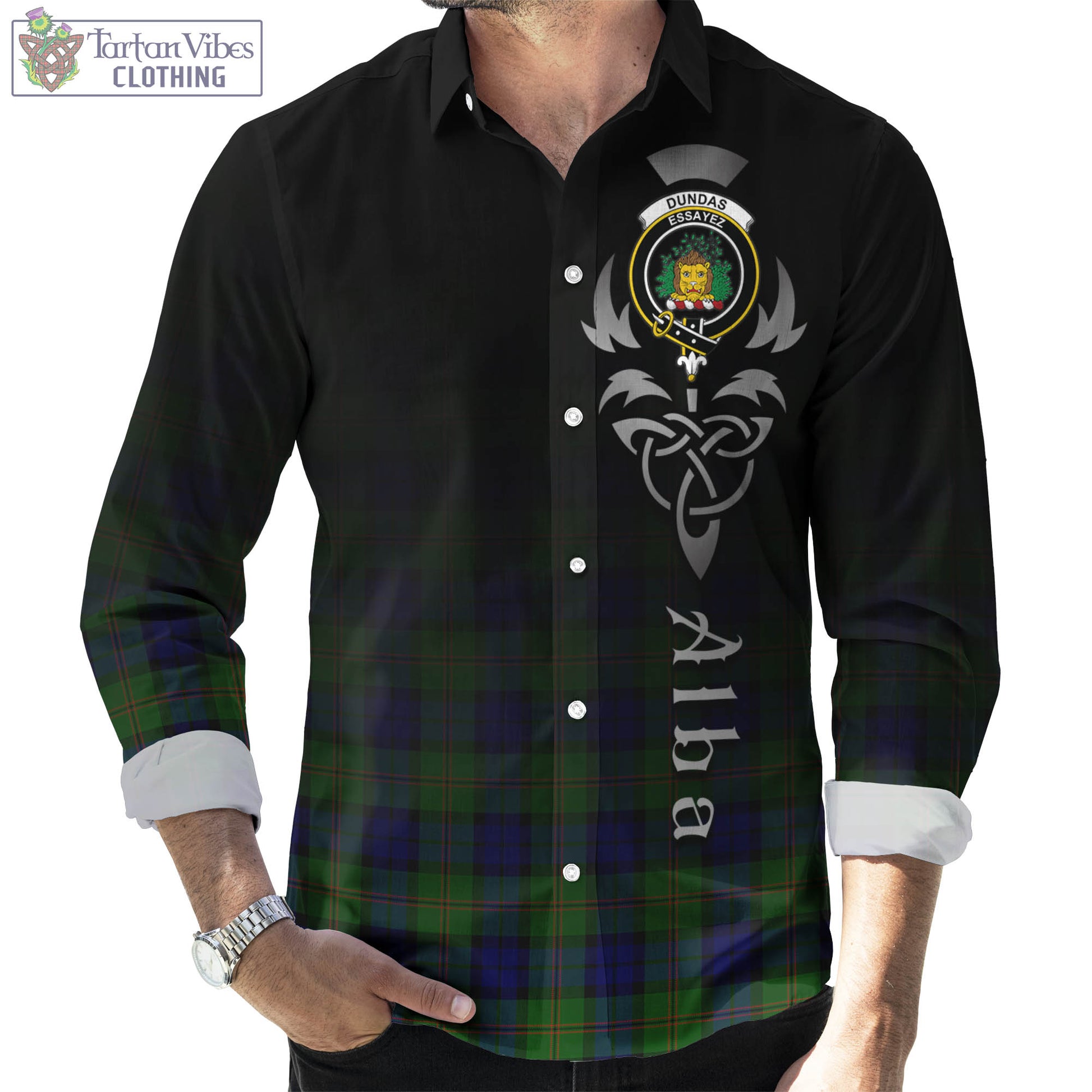 Tartan Vibes Clothing Dundas Modern Tartan Long Sleeve Button Up Featuring Alba Gu Brath Family Crest Celtic Inspired