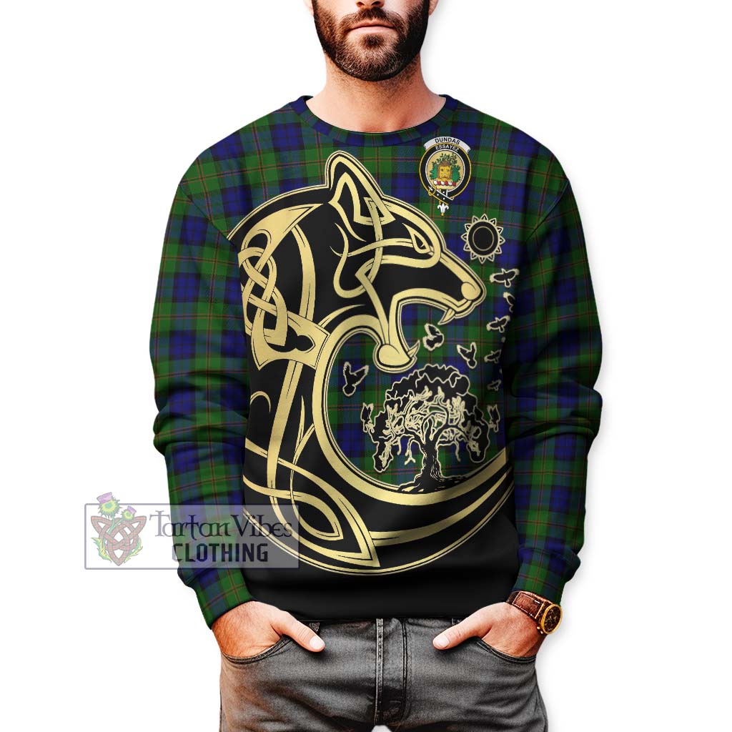 Tartan Vibes Clothing Dundas Modern Tartan Sweatshirt with Family Crest Celtic Wolf Style