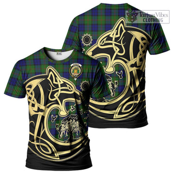 Dundas Modern Tartan T-Shirt with Family Crest Celtic Wolf Style