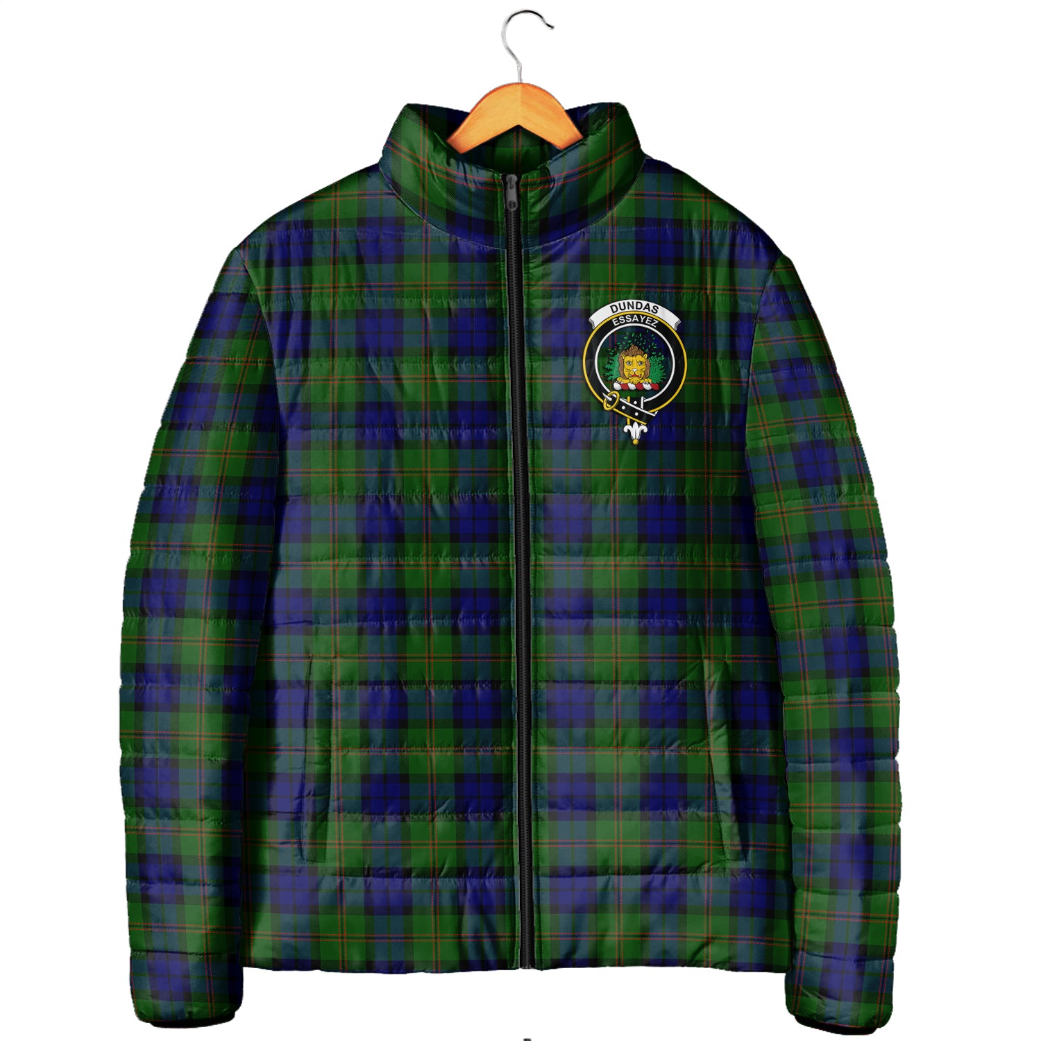 Dundas Modern Tartan Padded Jacket with Family Crest Men's Padded Jacket - Tartan Vibes Clothing