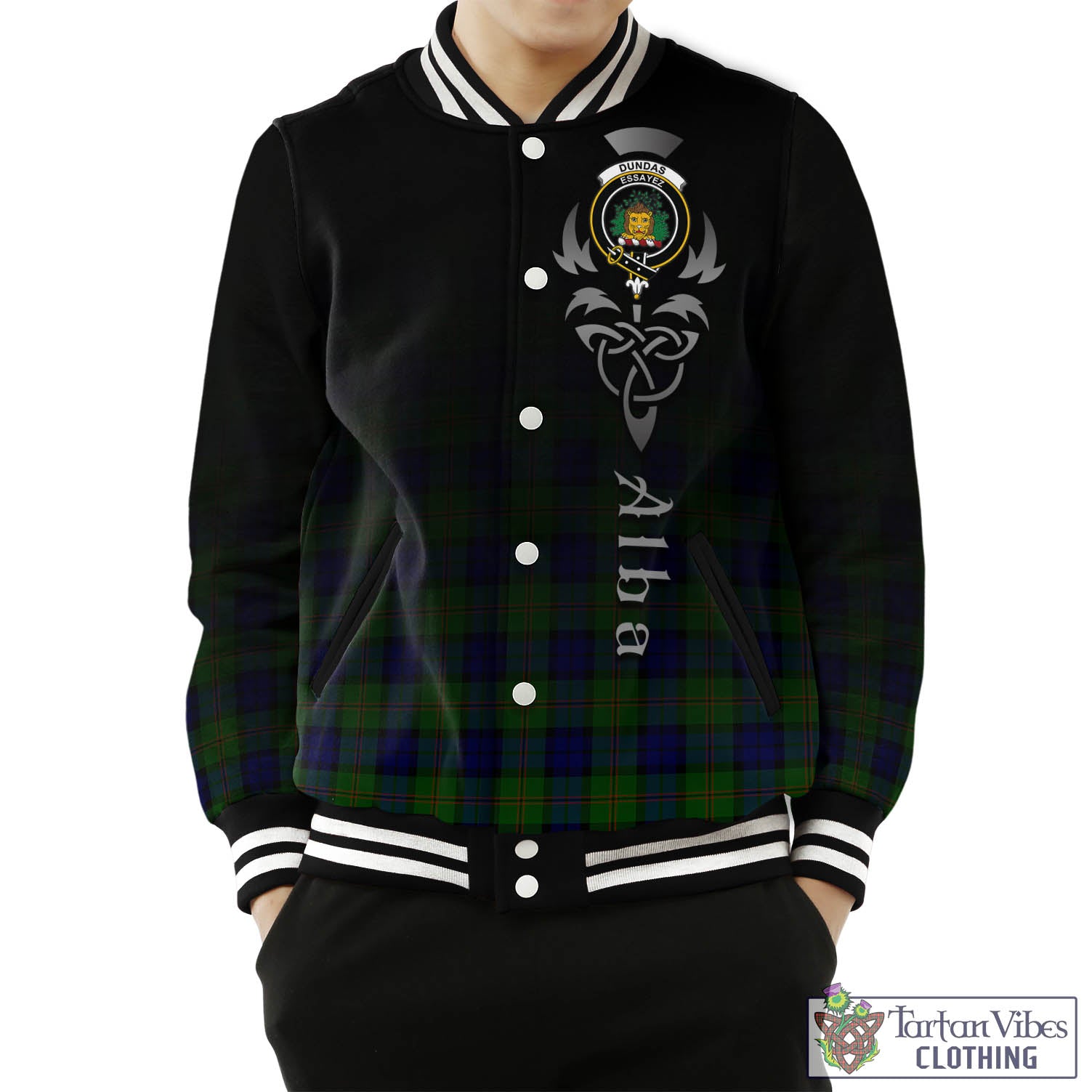 Tartan Vibes Clothing Dundas Modern Tartan Baseball Jacket Featuring Alba Gu Brath Family Crest Celtic Inspired