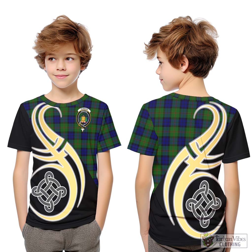Tartan Vibes Clothing Dundas Modern Tartan Kid T-Shirt with Family Crest and Celtic Symbol Style