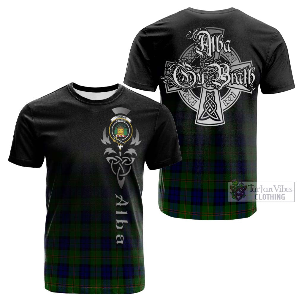 Tartan Vibes Clothing Dundas Modern Tartan Cotton T-shirt Featuring Alba Gu Brath Family Crest Celtic Inspired