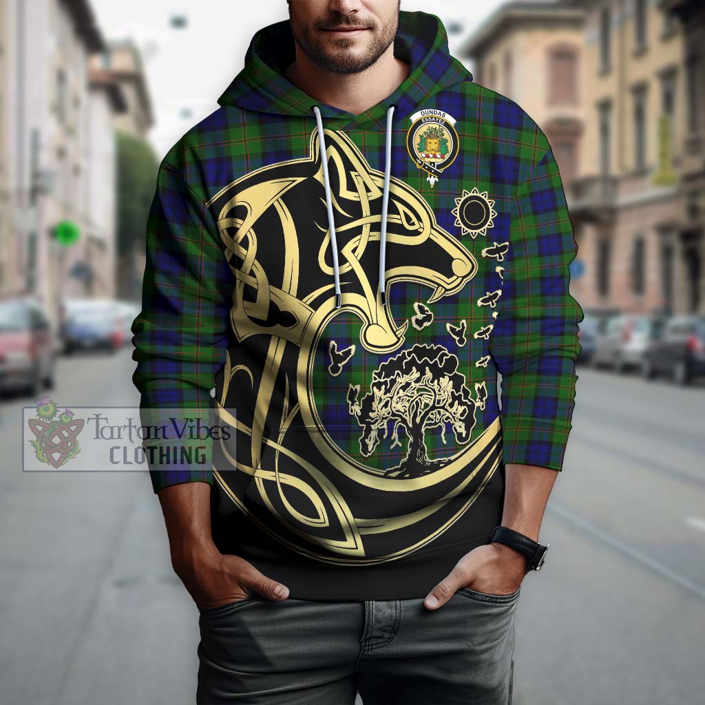 Tartan Vibes Clothing Dundas Modern Tartan Hoodie with Family Crest Celtic Wolf Style