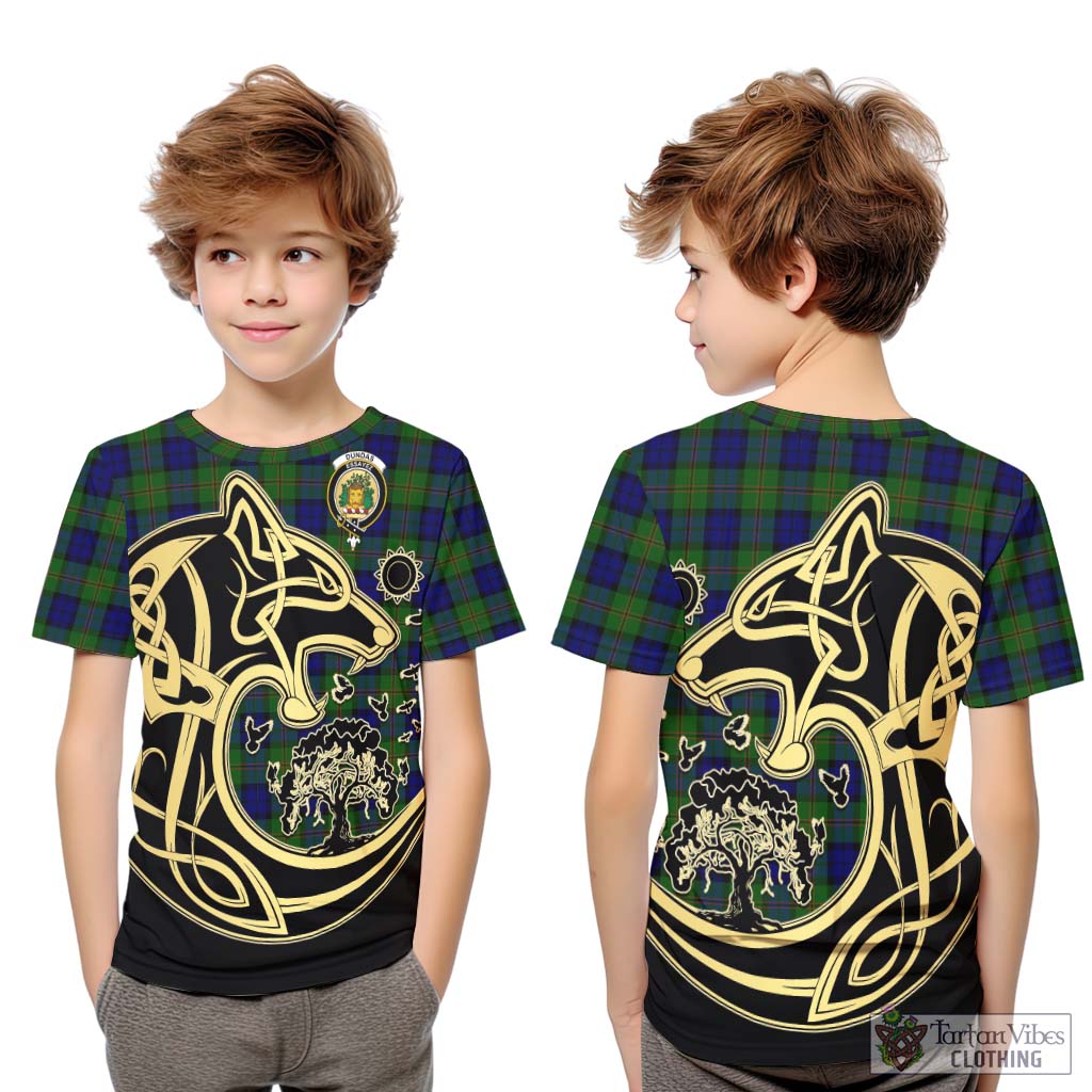 Tartan Vibes Clothing Dundas Modern Tartan Kid T-Shirt with Family Crest Celtic Wolf Style