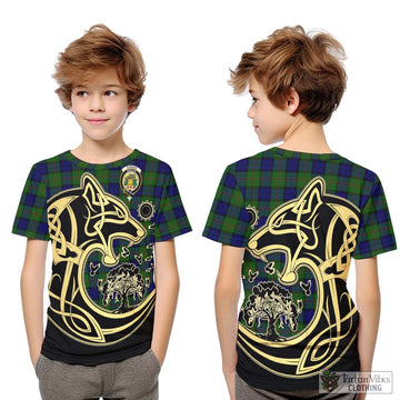 Dundas Modern Tartan Kid T-Shirt with Family Crest Celtic Wolf Style