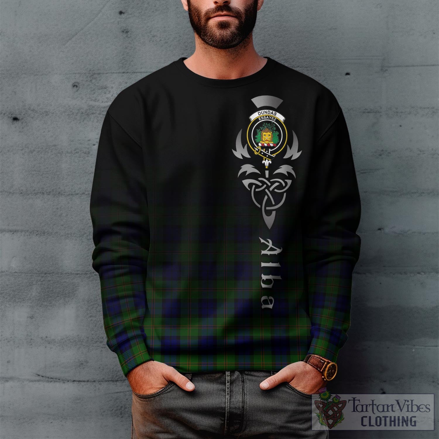 Tartan Vibes Clothing Dundas Modern Tartan Sweatshirt Featuring Alba Gu Brath Family Crest Celtic Inspired