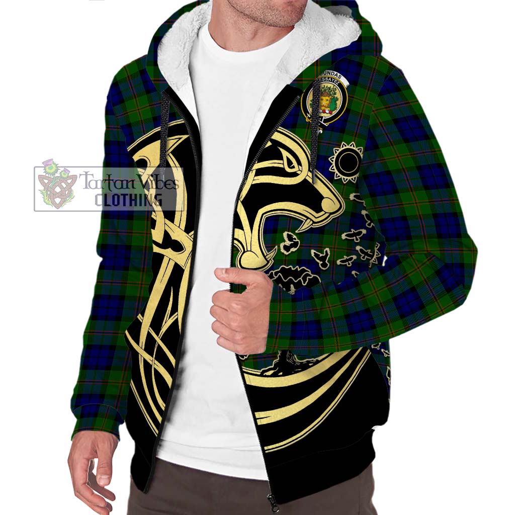 Tartan Vibes Clothing Dundas Modern Tartan Sherpa Hoodie with Family Crest Celtic Wolf Style
