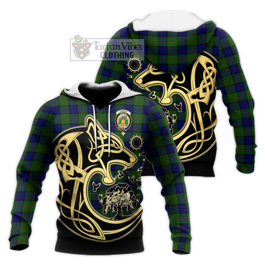 Tartan Vibes Clothing Dundas Modern Tartan Knitted Hoodie with Family Crest Celtic Wolf Style