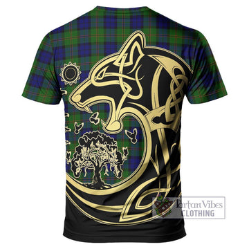 Dundas Modern Tartan T-Shirt with Family Crest Celtic Wolf Style