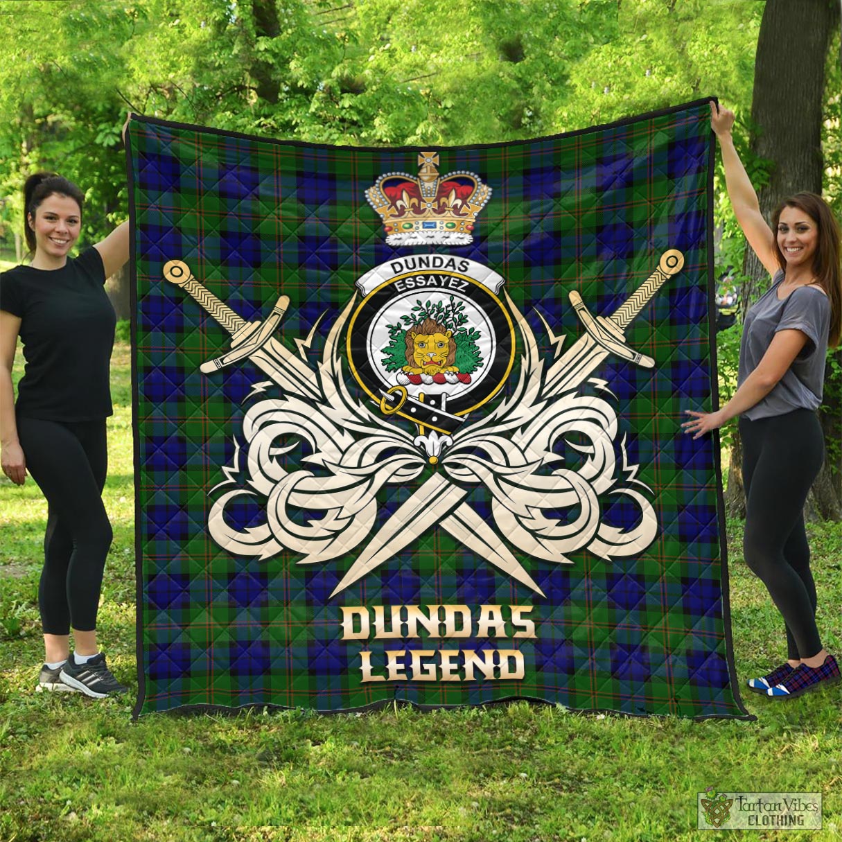 Tartan Vibes Clothing Dundas Modern Tartan Quilt with Clan Crest and the Golden Sword of Courageous Legacy