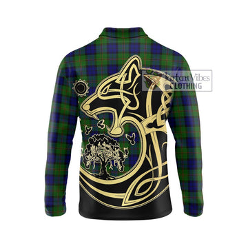 Dundas Modern Tartan Long Sleeve Polo Shirt with Family Crest Celtic Wolf Style