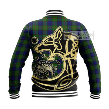 Dundas Modern Tartan Baseball Jacket with Family Crest Celtic Wolf Style