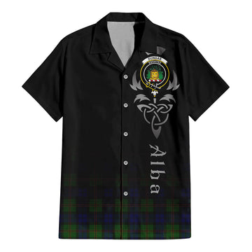 Dundas Modern Tartan Short Sleeve Button Up Shirt Featuring Alba Gu Brath Family Crest Celtic Inspired