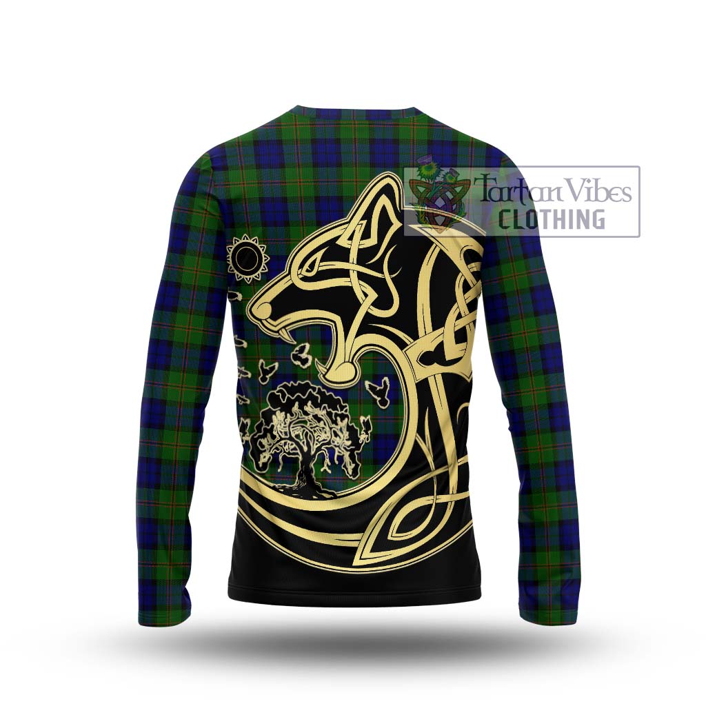 Tartan Vibes Clothing Dundas Modern Tartan Long Sleeve T-Shirt with Family Crest Celtic Wolf Style