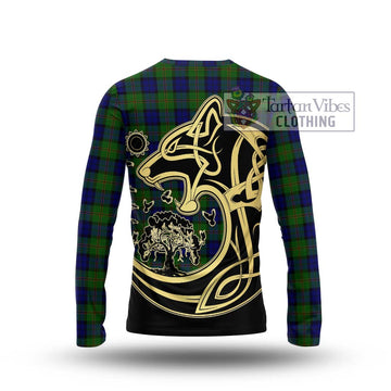 Dundas Modern Tartan Long Sleeve T-Shirt with Family Crest Celtic Wolf Style