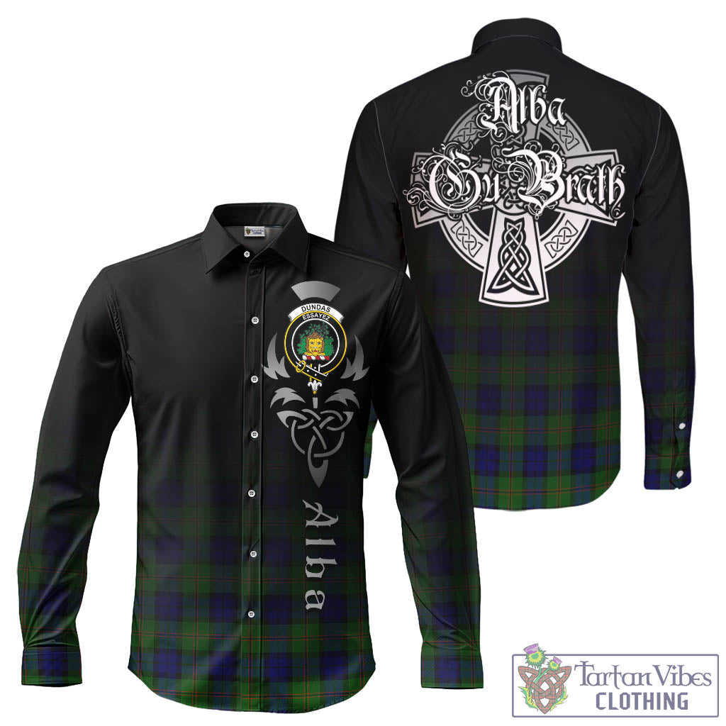 Tartan Vibes Clothing Dundas Modern Tartan Long Sleeve Button Up Featuring Alba Gu Brath Family Crest Celtic Inspired