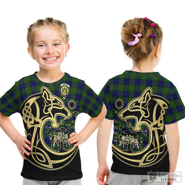 Dundas Modern Tartan Kid T-Shirt with Family Crest Celtic Wolf Style