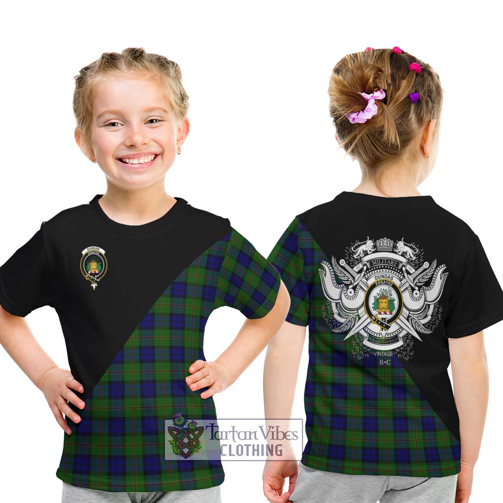 Tartan Vibes Clothing Dundas Modern Tartan Kid T-Shirt with Family Crest and Military Logo Style