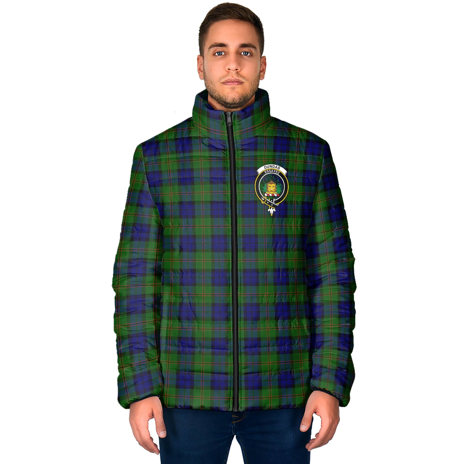 Dundas Modern Tartan Padded Jacket with Family Crest - Tartan Vibes Clothing