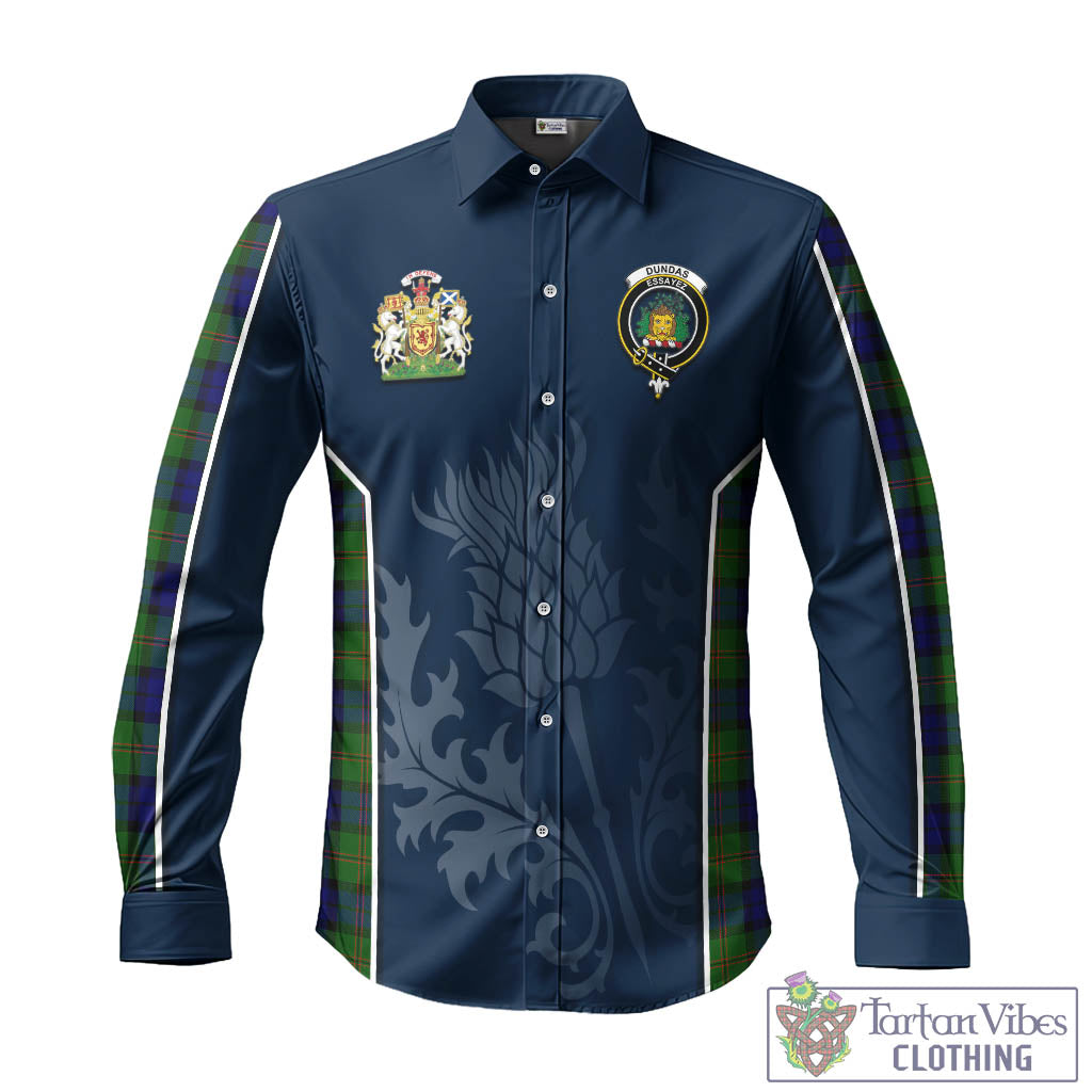 Tartan Vibes Clothing Dundas Modern Tartan Long Sleeve Button Up Shirt with Family Crest and Scottish Thistle Vibes Sport Style