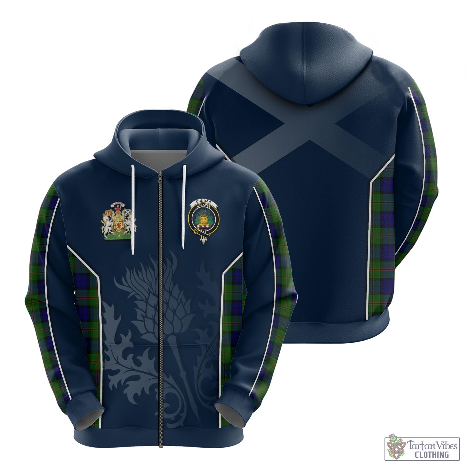 Tartan Vibes Clothing Dundas Modern Tartan Hoodie with Family Crest and Scottish Thistle Vibes Sport Style