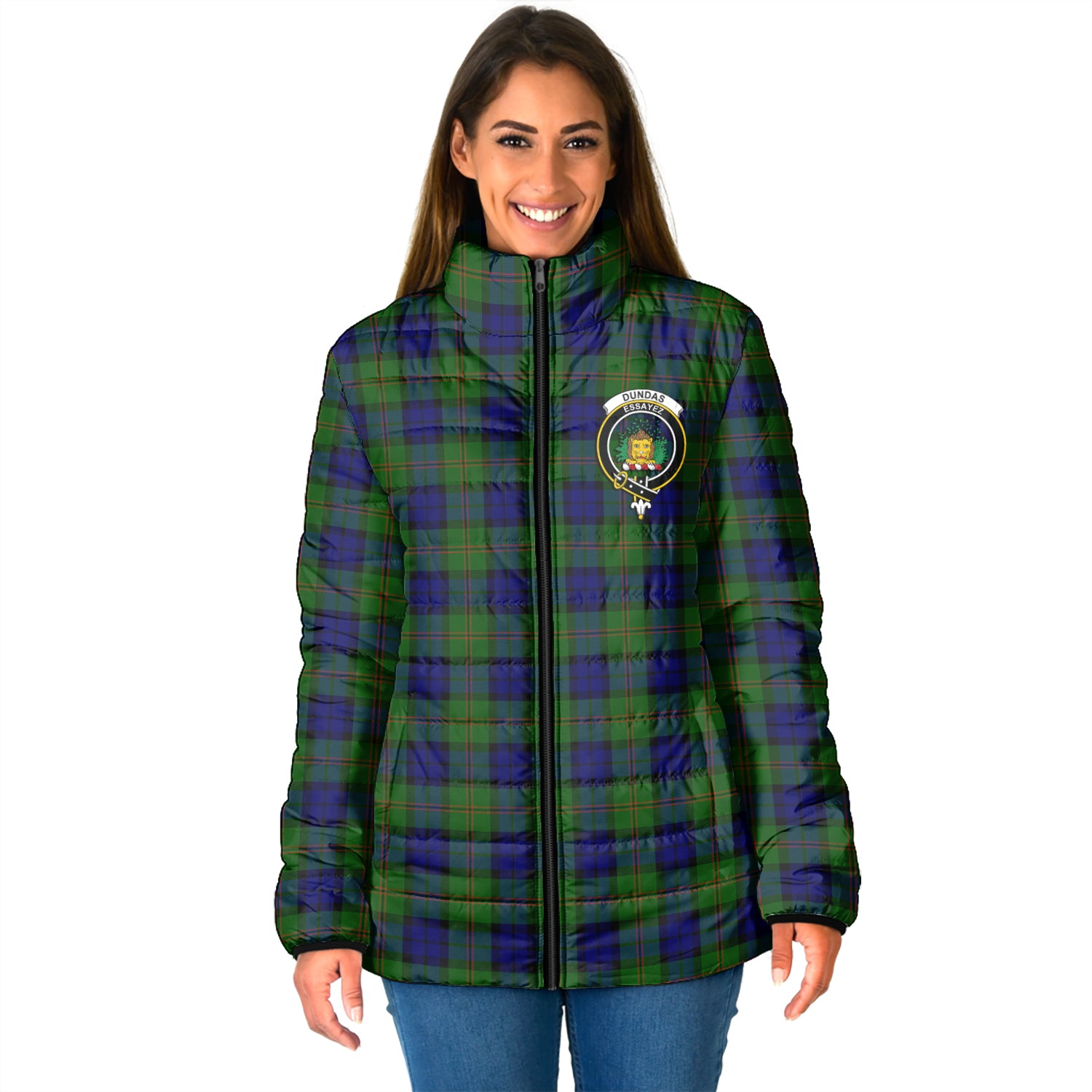 Dundas Modern Tartan Padded Jacket with Family Crest - Tartan Vibes Clothing