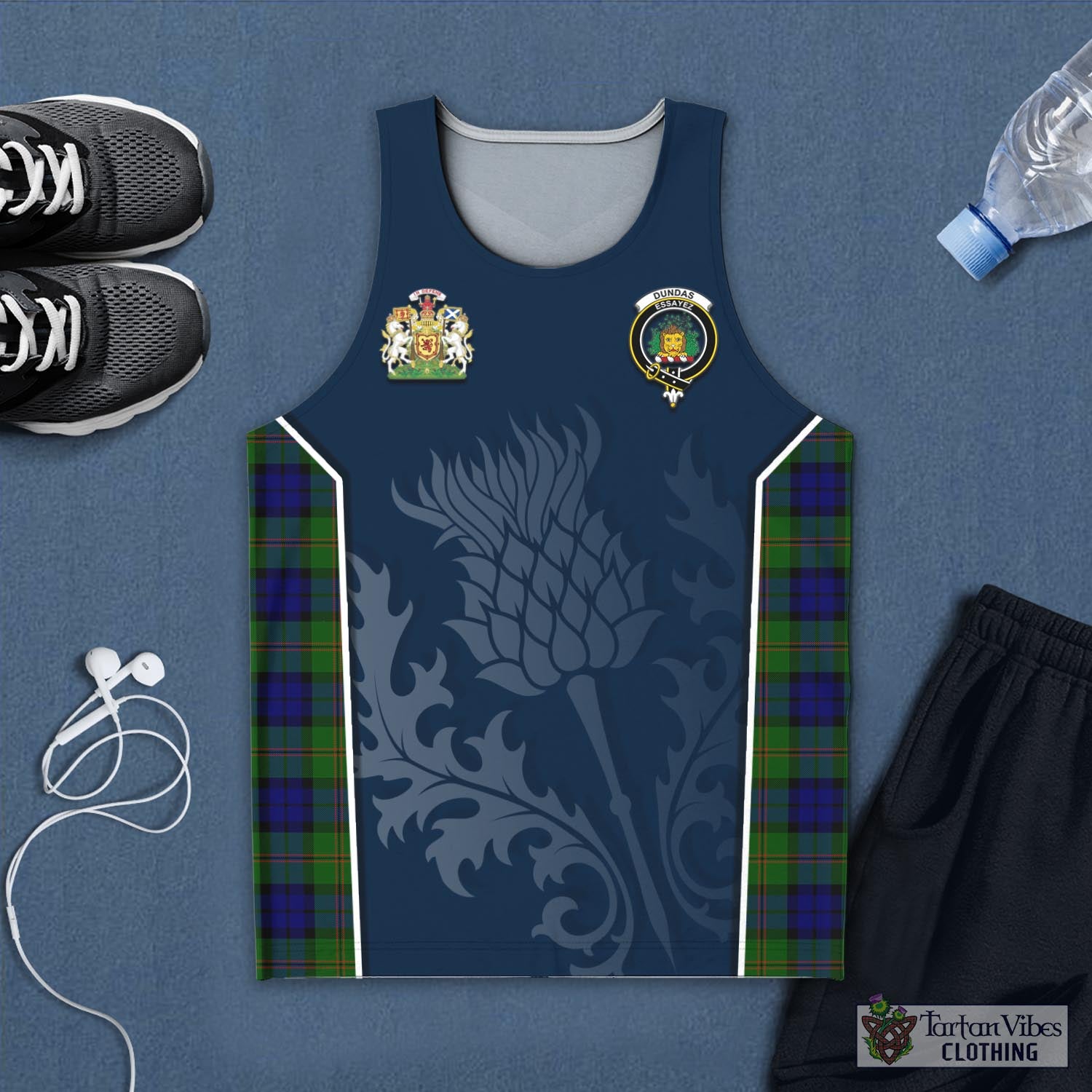 Tartan Vibes Clothing Dundas Modern Tartan Men's Tanks Top with Family Crest and Scottish Thistle Vibes Sport Style