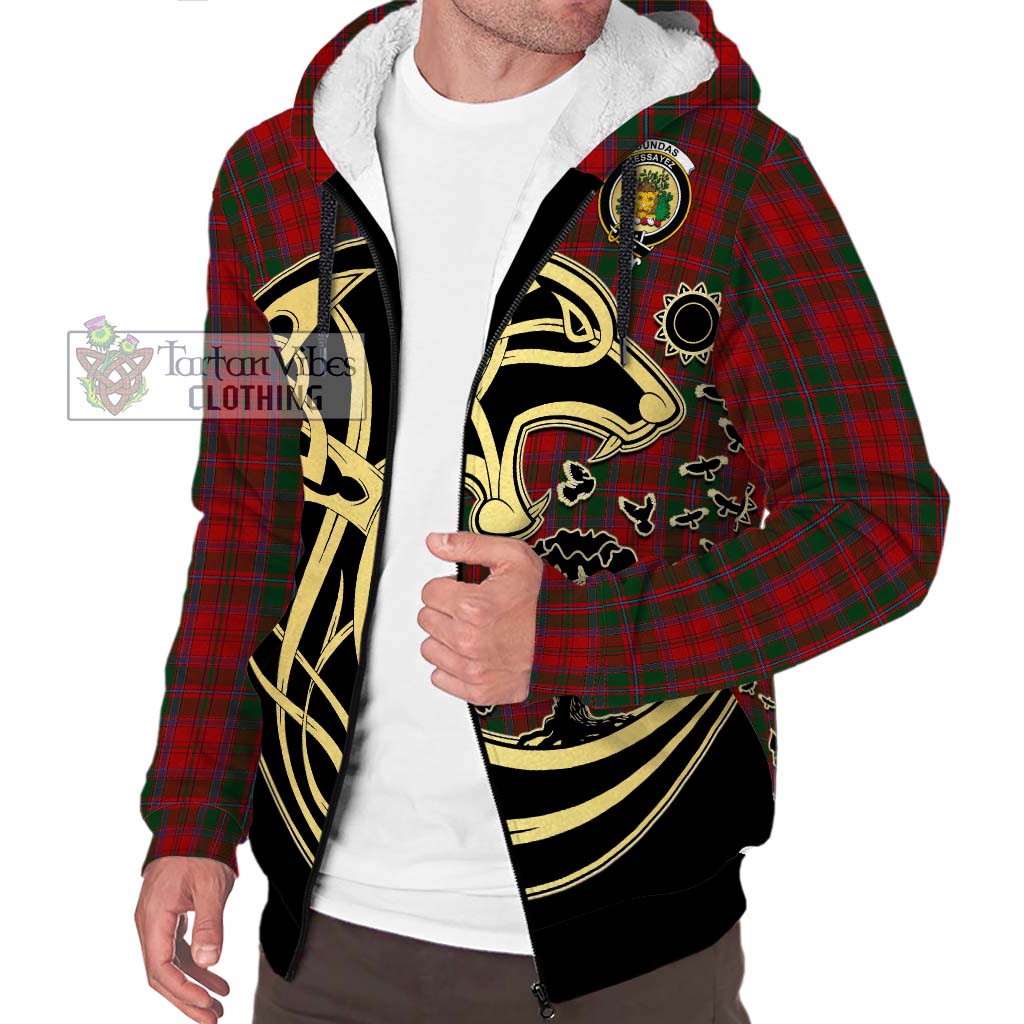 Tartan Vibes Clothing Dundas Red Tartan Sherpa Hoodie with Family Crest Celtic Wolf Style