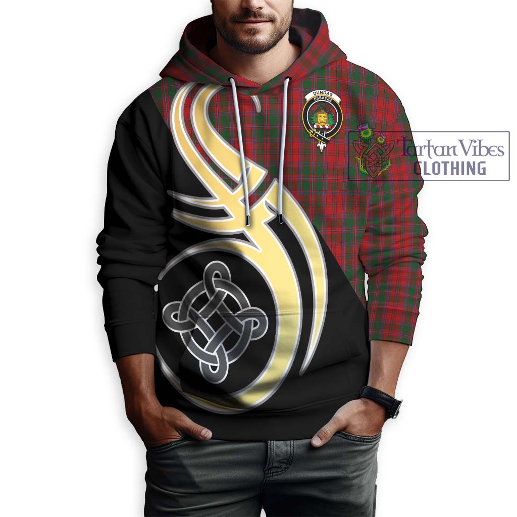 Tartan Vibes Clothing Dundas Red Tartan Hoodie with Family Crest and Celtic Symbol Style