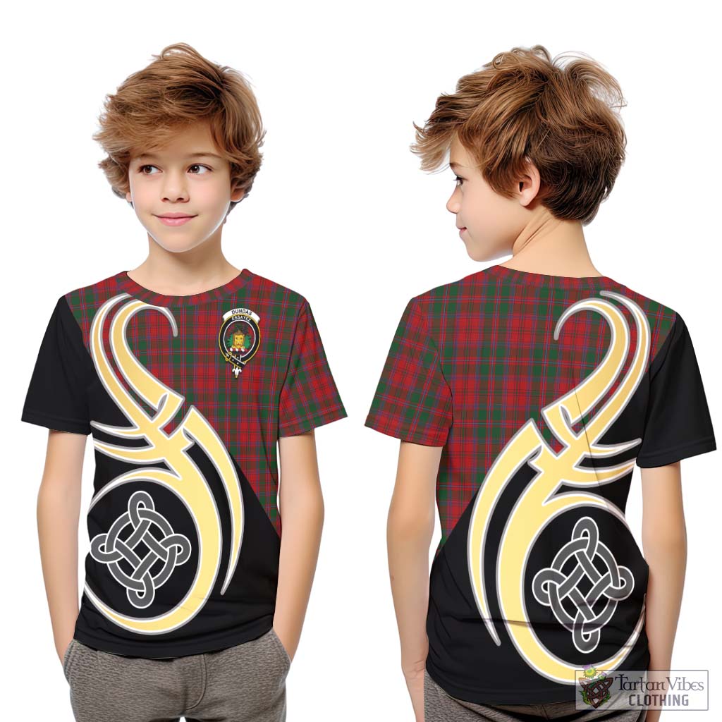 Tartan Vibes Clothing Dundas Red Tartan Kid T-Shirt with Family Crest and Celtic Symbol Style