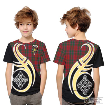 Dundas Red Tartan Kid T-Shirt with Family Crest and Celtic Symbol Style