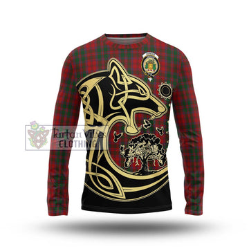 Dundas Red Tartan Long Sleeve T-Shirt with Family Crest Celtic Wolf Style