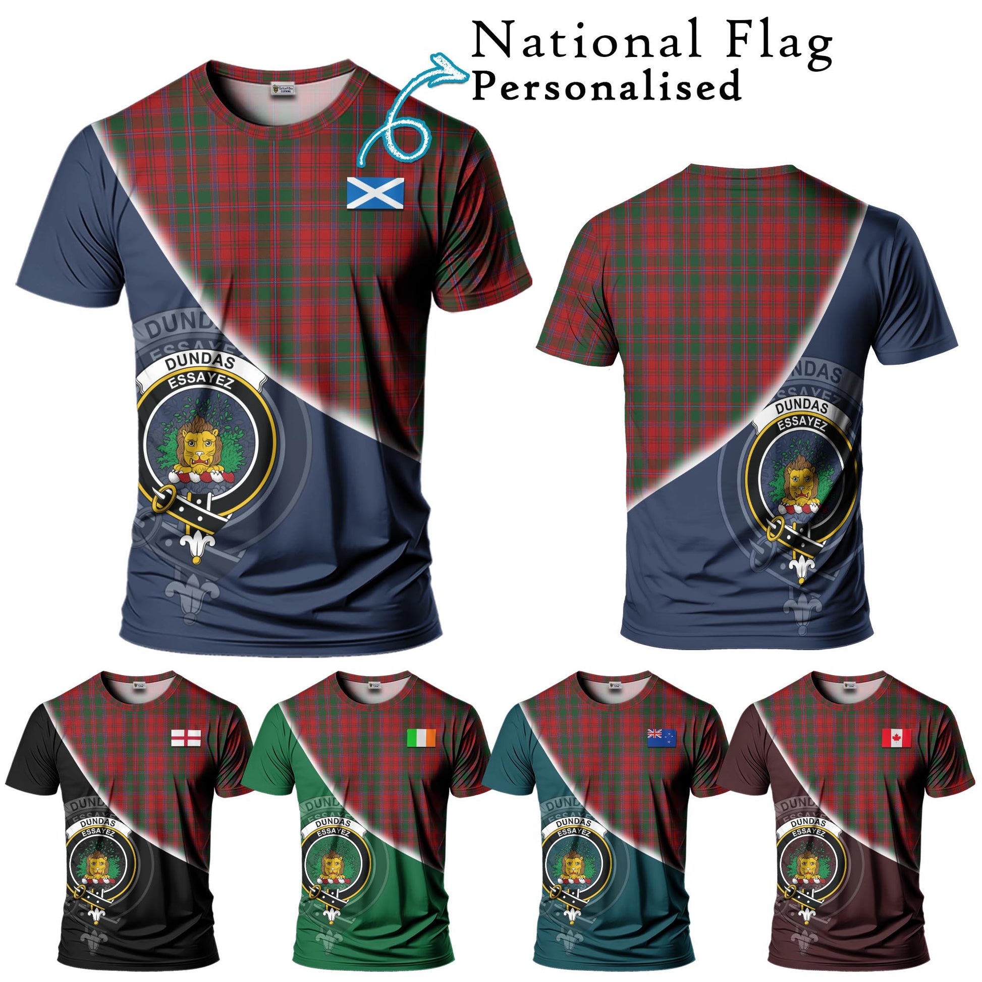 Tartan Vibes Clothing Dundas Red Tartan T-Shirt with Personalised National Flag and Family Crest Half Style