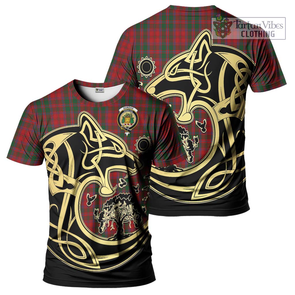 Tartan Vibes Clothing Dundas Red Tartan T-Shirt with Family Crest Celtic Wolf Style