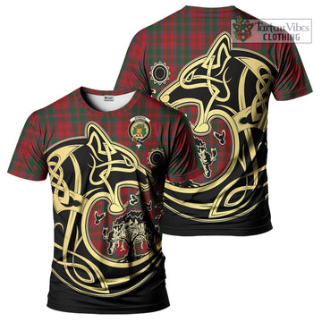 Dundas Red Tartan T-Shirt with Family Crest Celtic Wolf Style