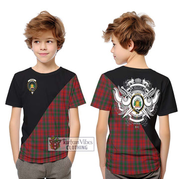 Dundas Red Tartan Kid T-Shirt with Family Crest and Military Logo Style