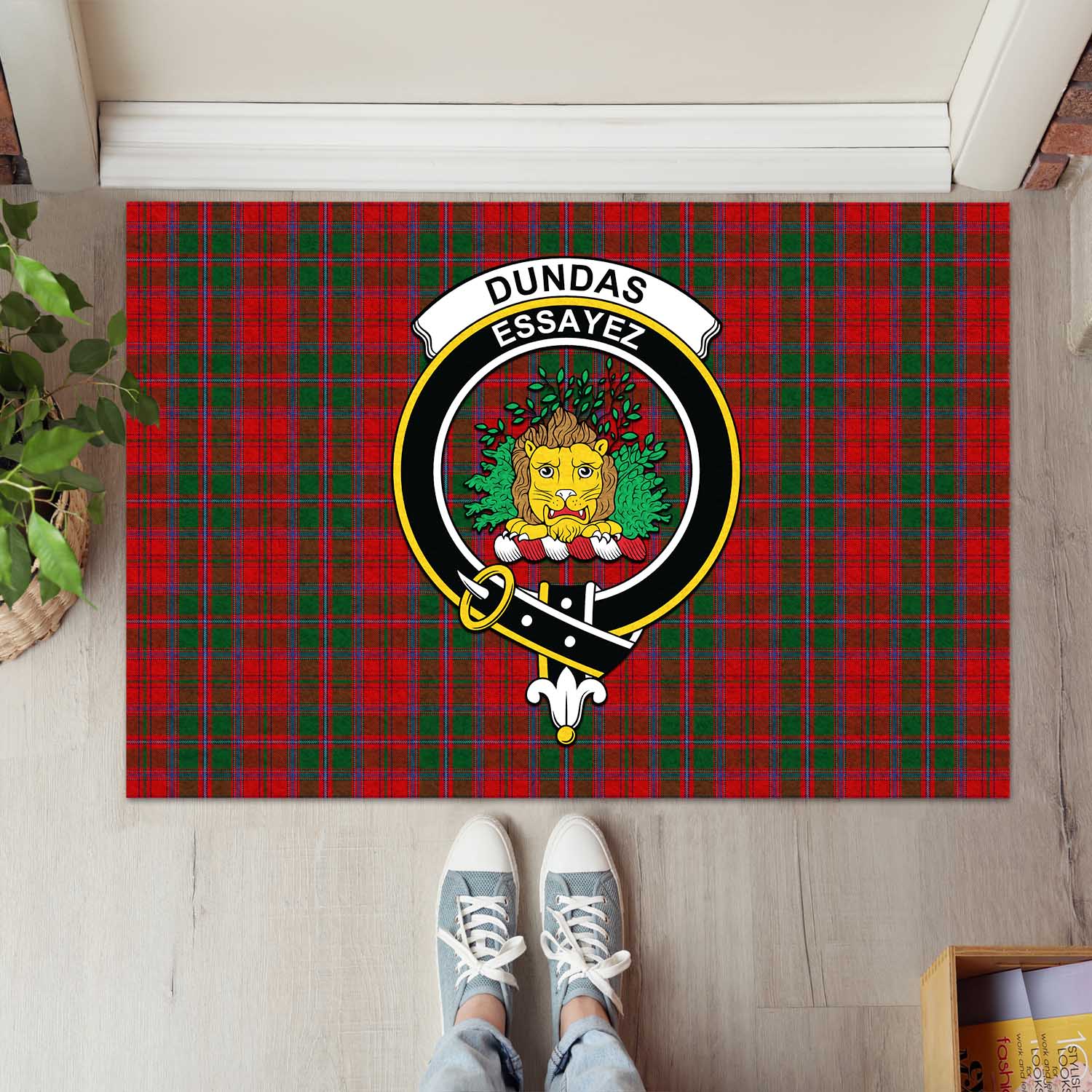 Dundas Red Tartan Door Mat with Family Crest - Tartanvibesclothing